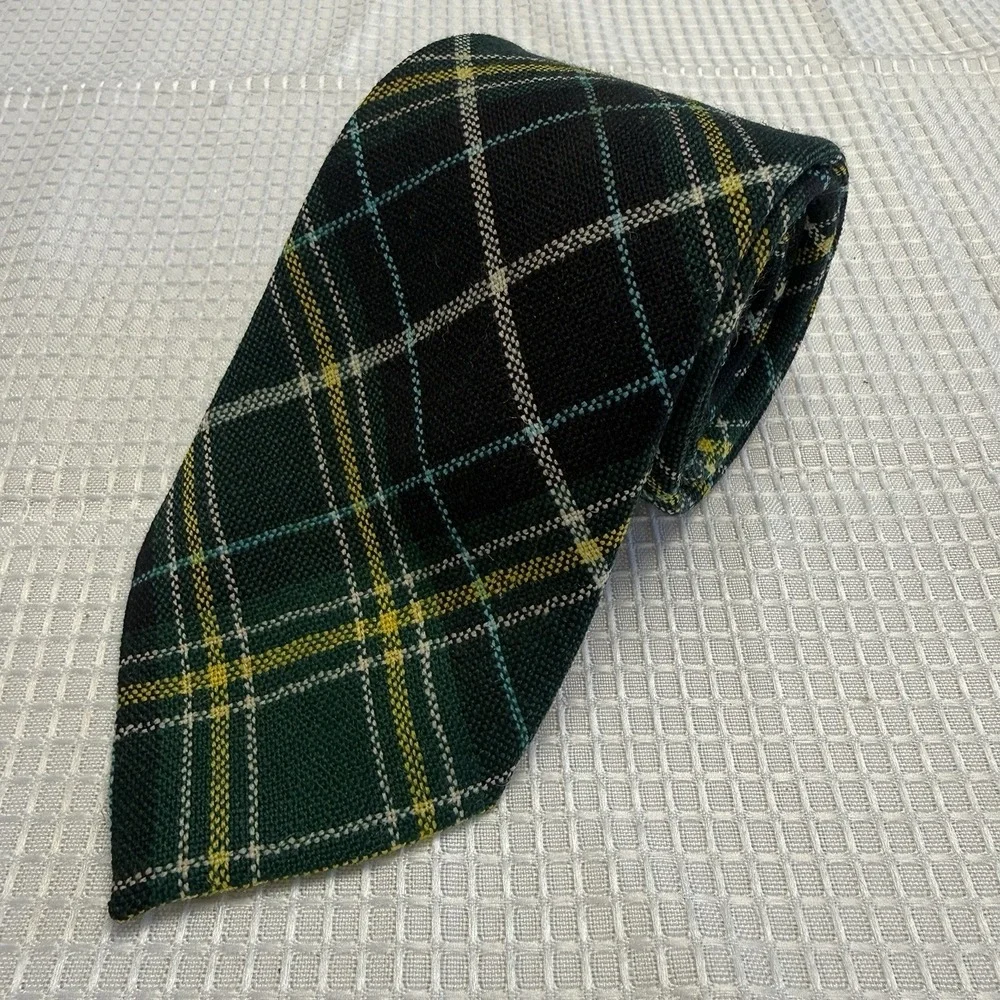 Vintage Mackellar Necktie Tie Green Yellow Tartan Plaid 100% Wool Scottland Frat